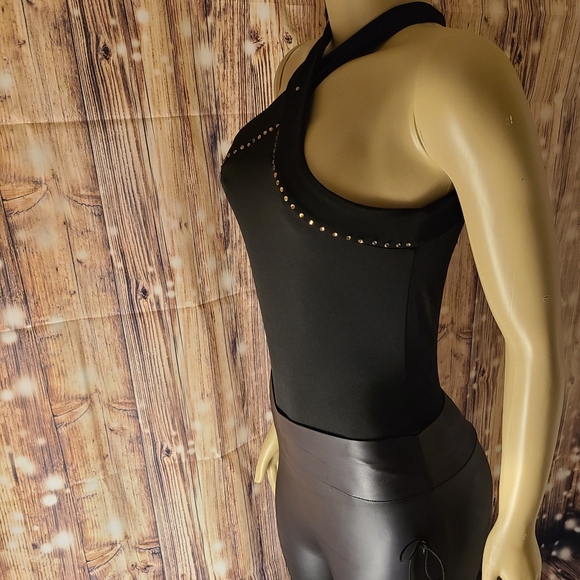Gold-Studded Halter Top and String Leather Pants - Picture 5 of 7